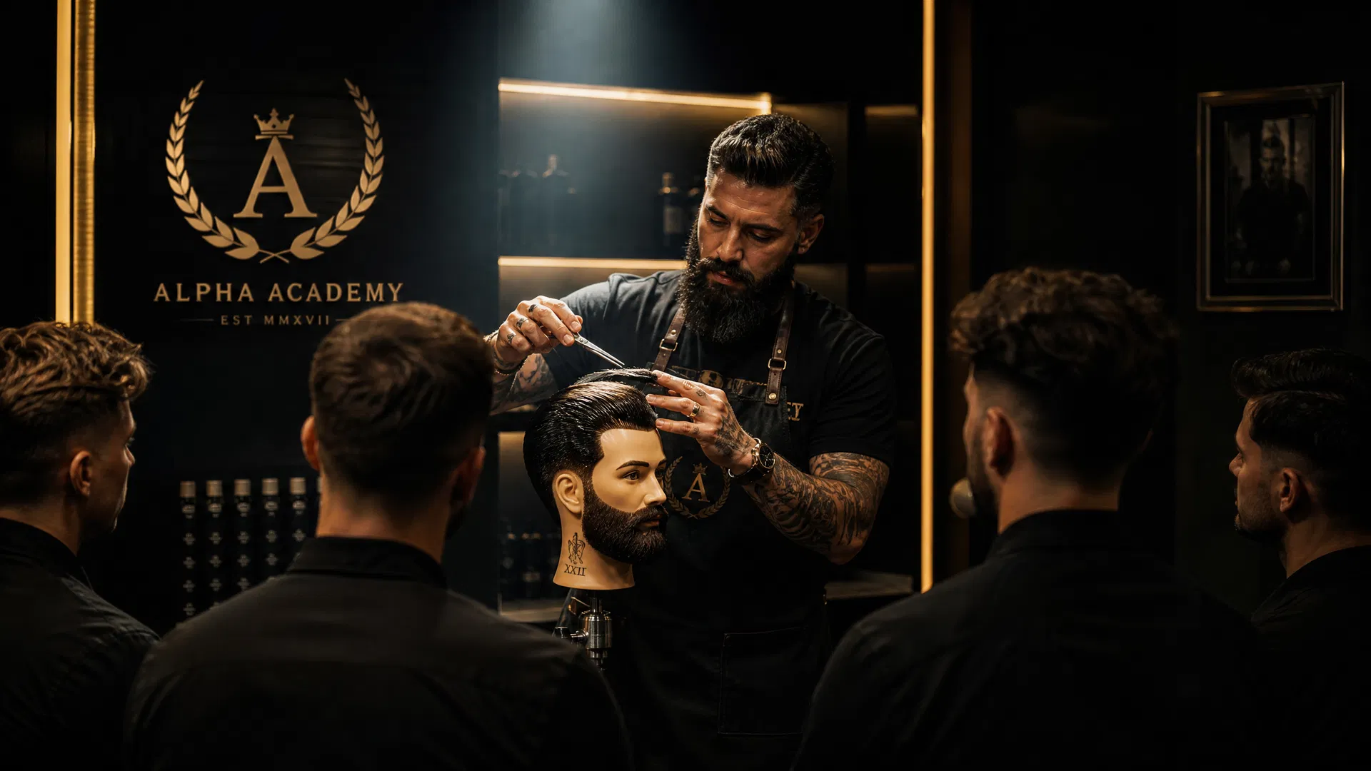 Barber academy instructor teaching students
